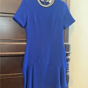 Sandro Royal Blue Dress with Sporty Fun Striped neckline and Short Sleeves
